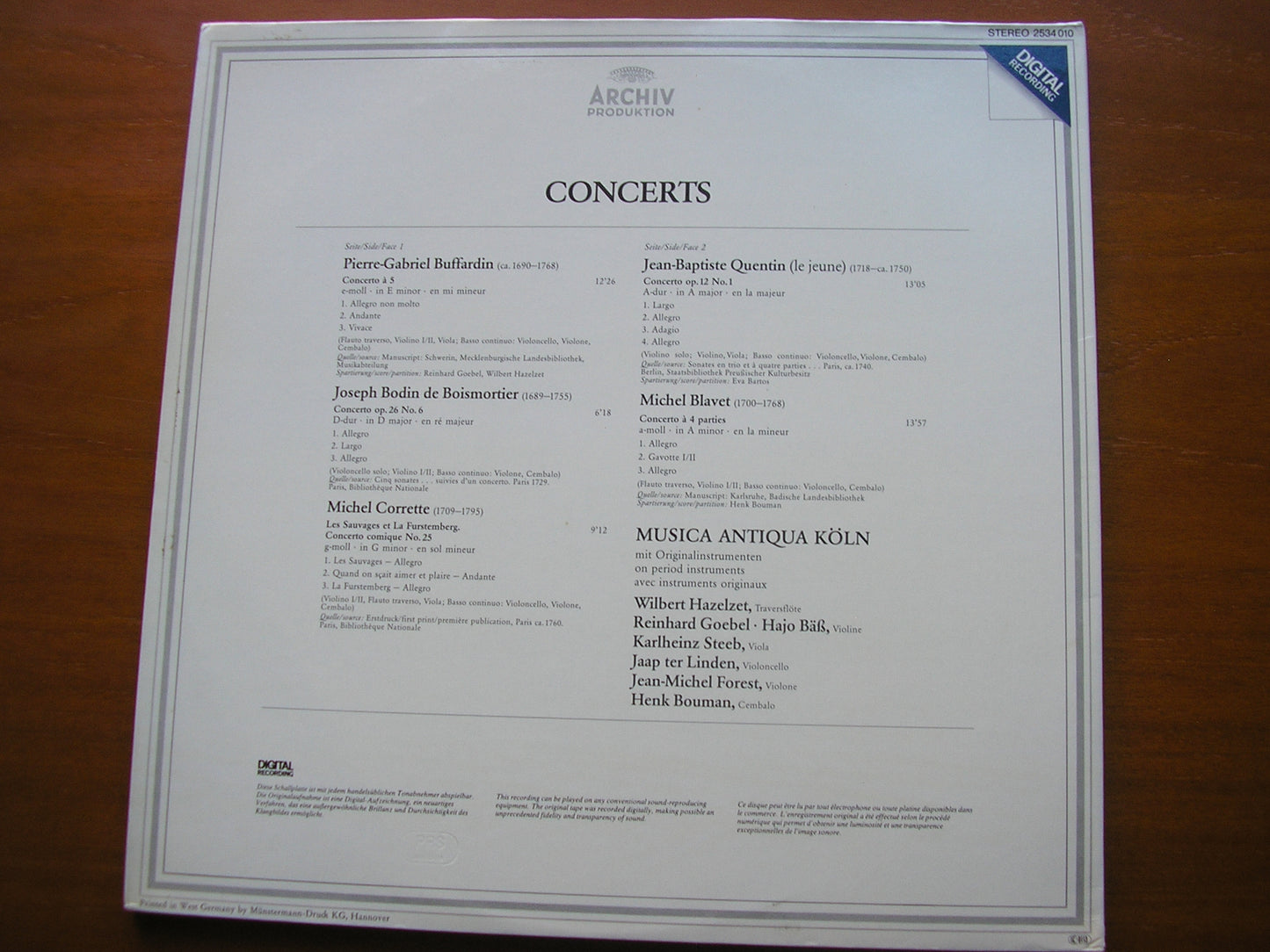 BUFFARDIN / QUENTIN / BLAVET / BOISMORTIER / CORRETTE: CONCERTOS        MUSICA ANTIQUA COLOGNE     2534 010