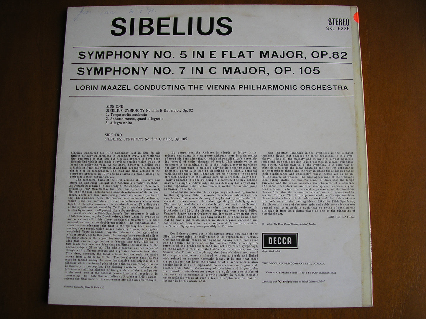 SIBELIUS: SYMPHONIES Nos. 5 & 7 MAAZEL / VIENNA PHILHARMONIC test pressing SXL 6236