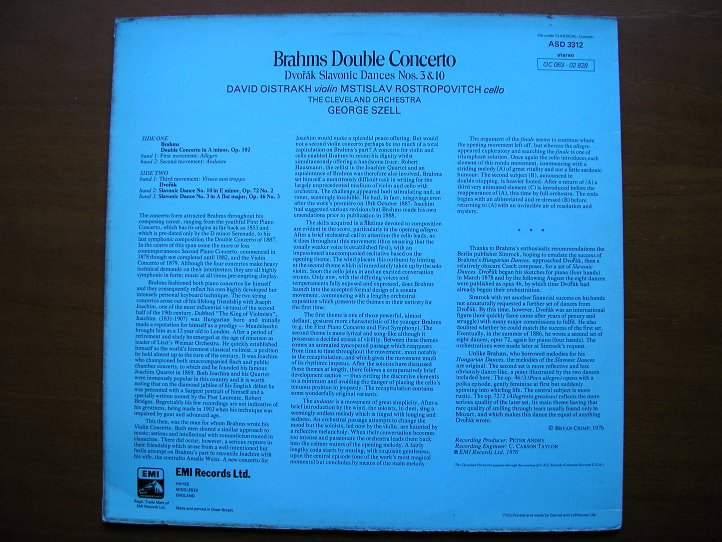 BRAHMS: DOUBLE CONCERTO ROSTROPOVICH / OISTRAKH / CELEVLAND ORCHESTRA / SZELL ASD 3312