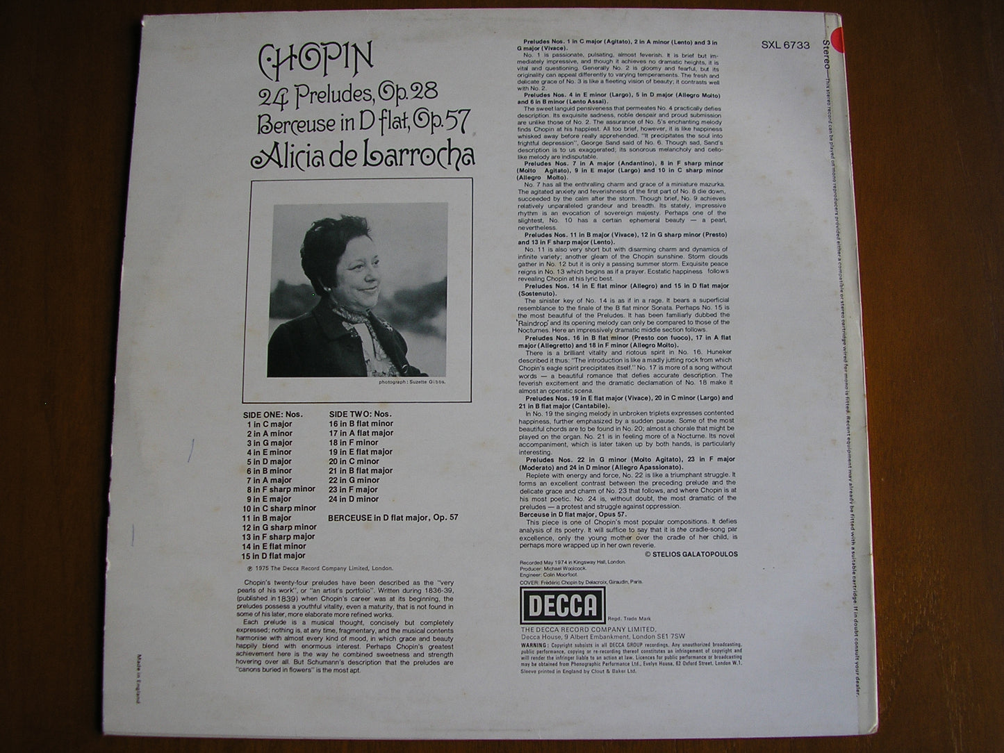 CHOPIN: 24 PRELUDES Op. 28 / BERCEUSE Op. 57 ALICIA DE LARROCHA test pressing SXL 6733