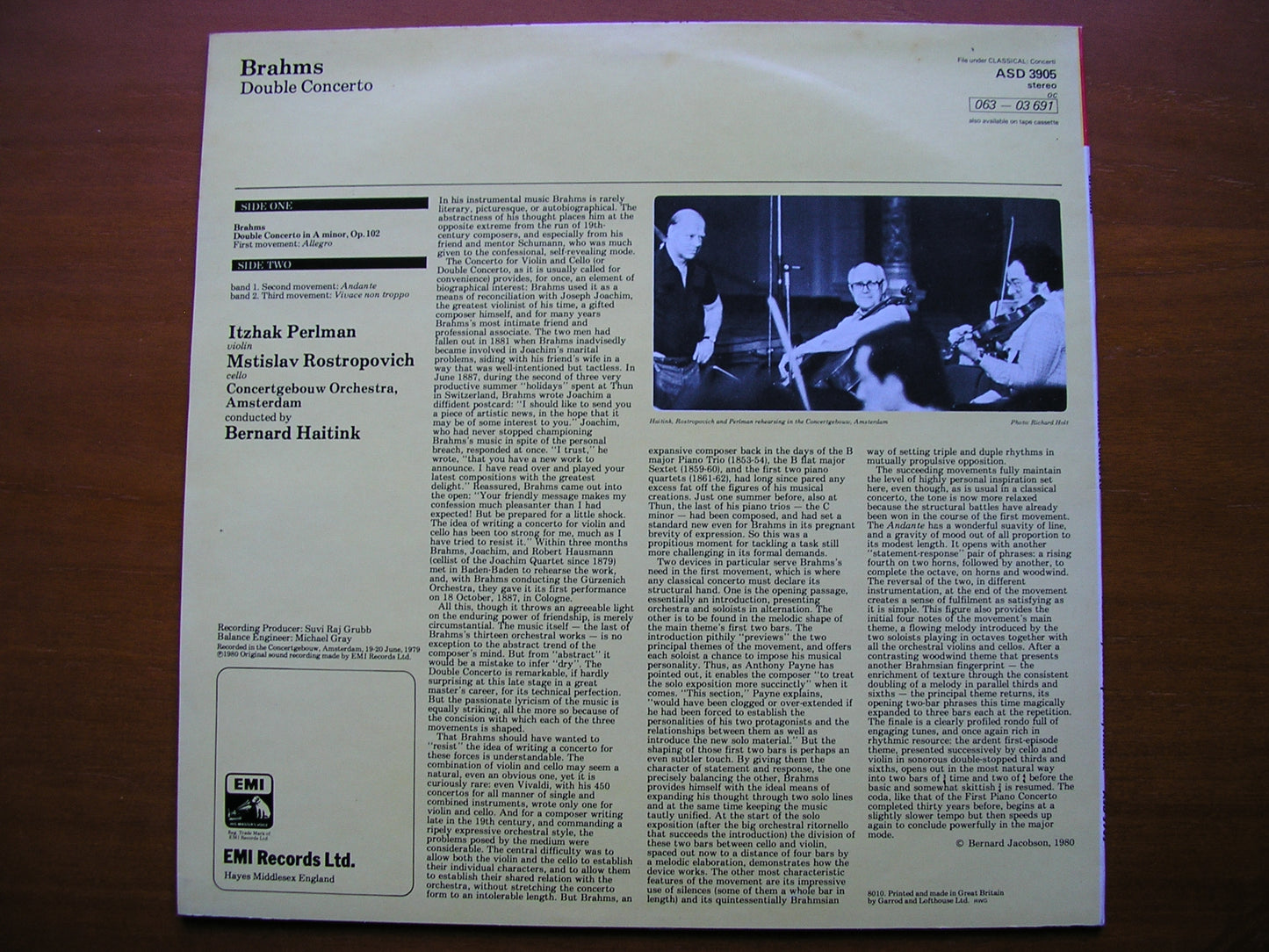 BRAHMS: DOUBLE CONCERTO ROSTROPOVICH / PERLMAN / CONCERTGEBOUW / HAITINK ASD 3905