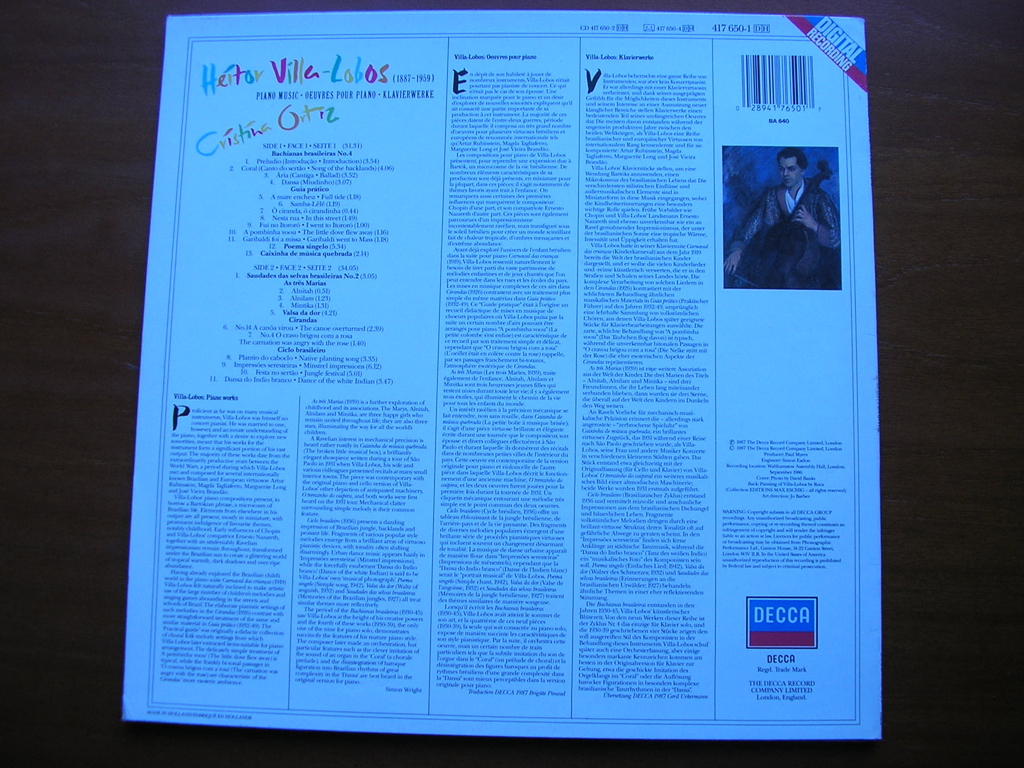 VILLA-LOBOS: PIANO MUSIC CHRISTINA ORTIZ 417 650