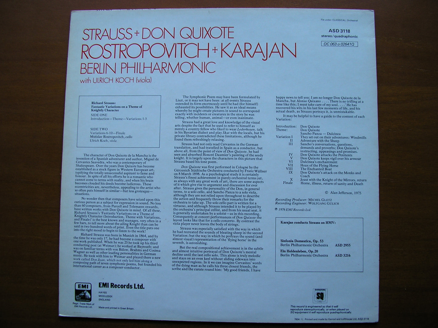 STRAUSS: DON QUIXOTE ROSTROPOVICH / BERLIN PHILHARMONIC / KARAJAN ASD 3118