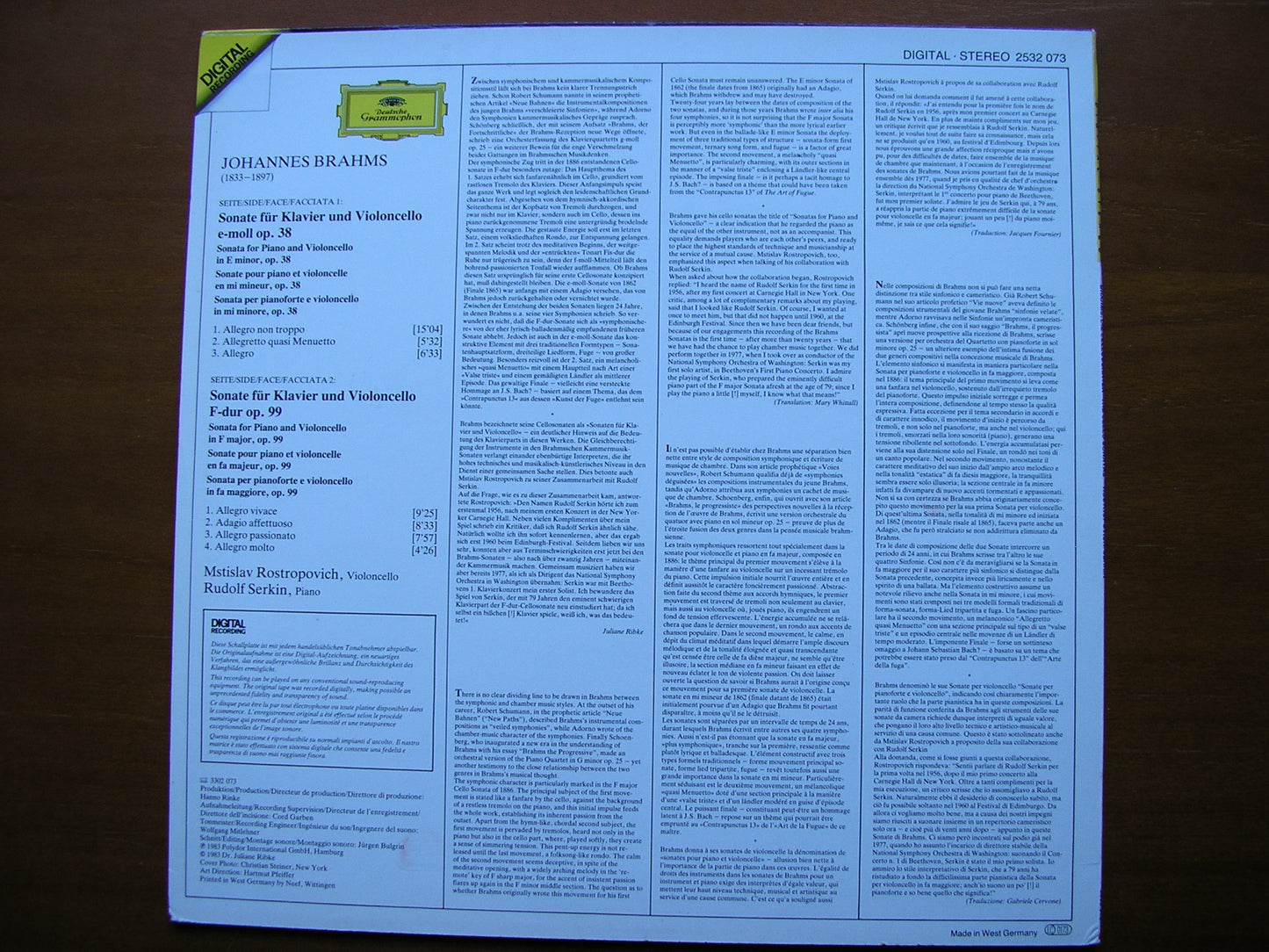 BRAHMS: THE CELLO SONATAS ROSTROPOVICH / SERKIN 2532 073