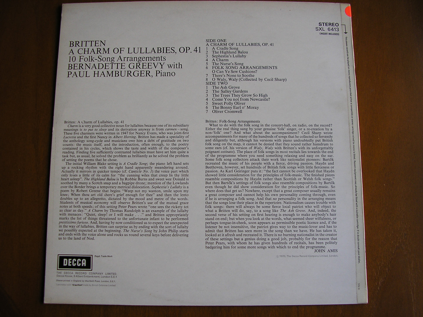 BRITTEN: A CHARM OF LULLABIES / FOLK SONGS BERNADETTE GREEVY / PAUL HAMBURGER test pressing SXL 6413