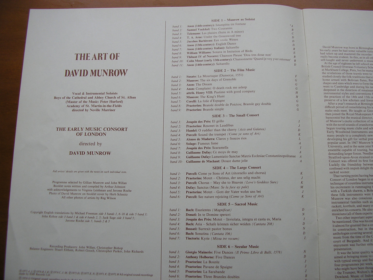 THE ART OF DAVID MUNROW: A conspectus of his career across 5 years of recordings with EMI       3 LP      SLS 5136