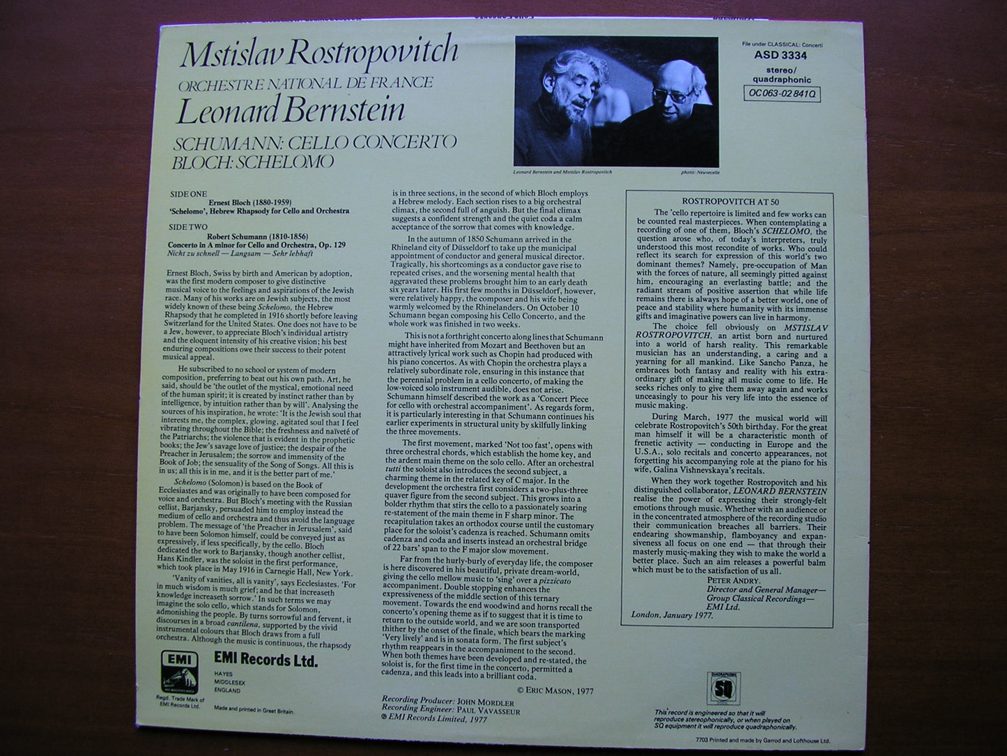 SCHUMANN: CELLO CONCERTO / BLOCH: SCHELOMO ROSTROPOVICH / FRENCH NATIONAL ORCHESTRA / BERNSTEIN ASD 3334
