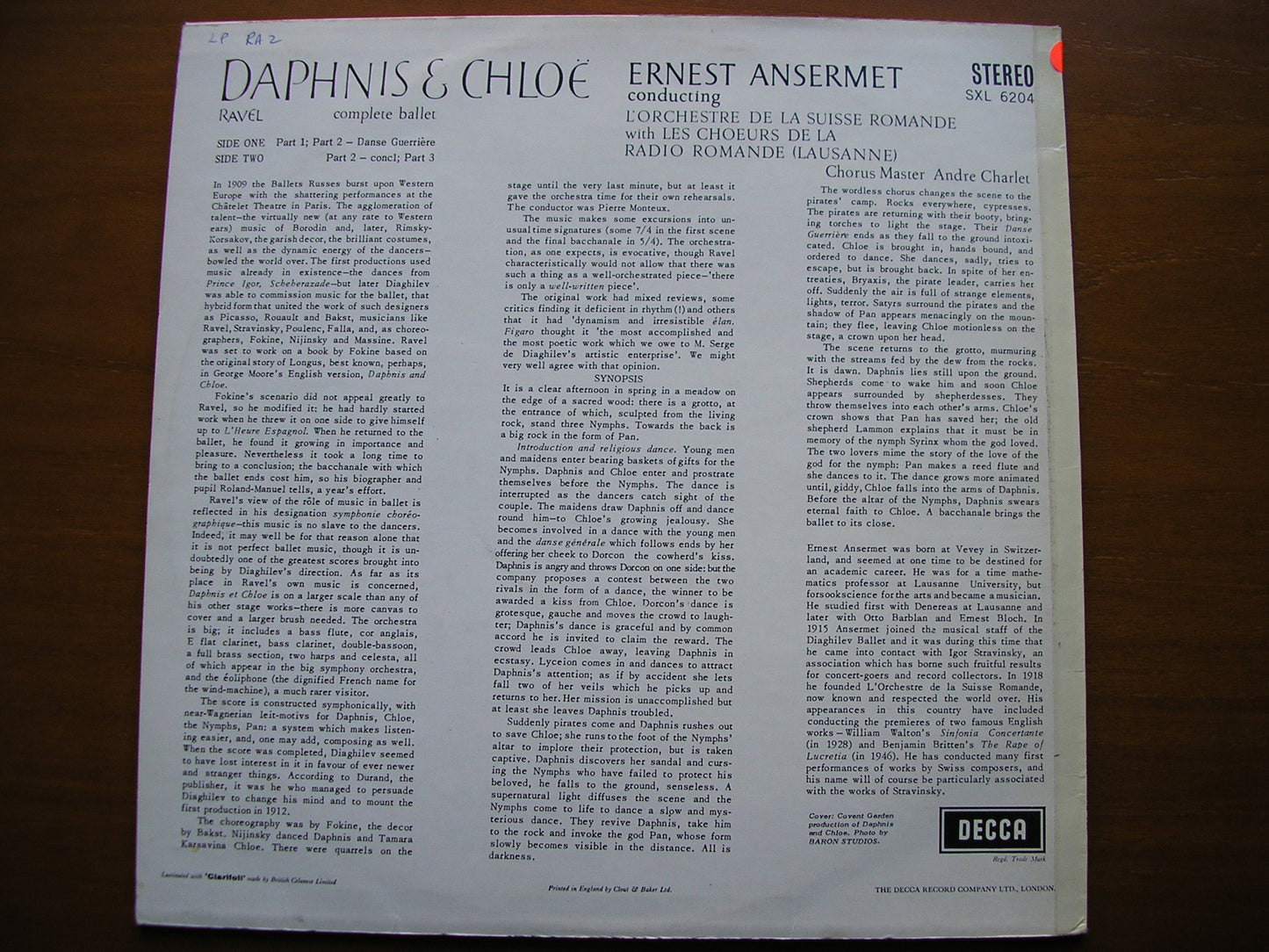 RAVEL: DAPHNIS & CHLOE complete ballet ANSERMET / SUISSE ROMANDE test pressing SXL 6204