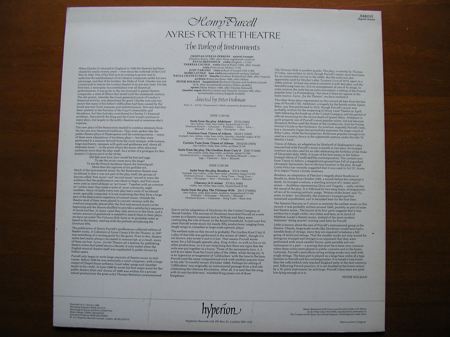 PURCELL: AYRES FOR THE THEATRE THE PARLEY OF INSTRUMENTS / HOLMAN A66212