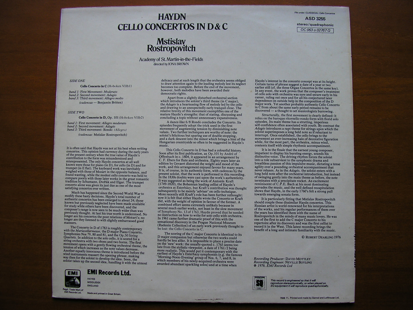 HAYDN: CELLO CONCERTOS in D & C ROSTROPOVICH / ACADEMY OF ST MARTIN IN THE FIELDS / BROWN ASD 3255