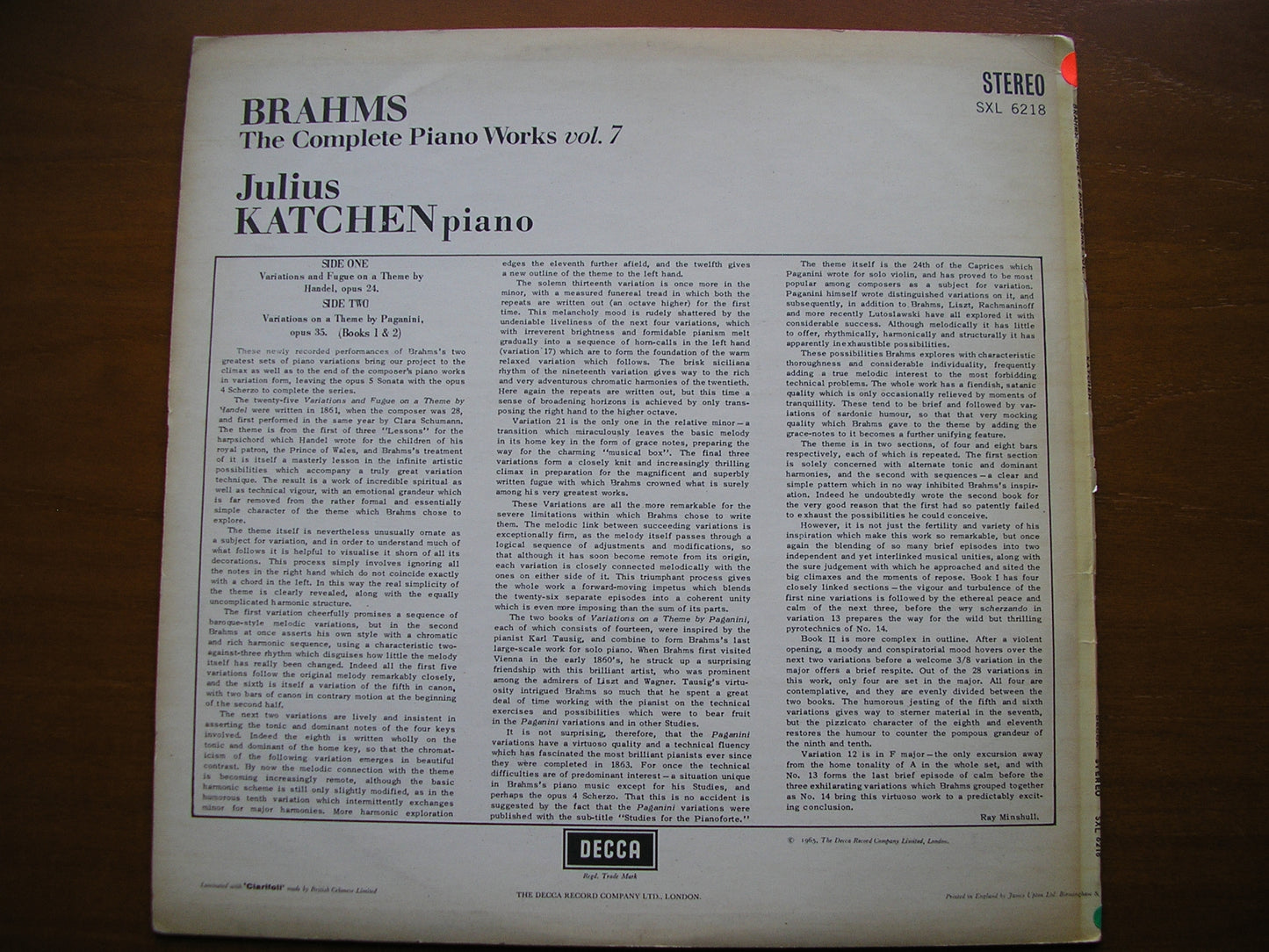 BRAHMS: COMPLETE SOLO PIANO MUSIC Volume 7: HANDEL VARIATIONS / PAGANINI VARIATIONS JULIUS KATCHEN test pressing SXL 6218