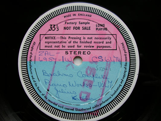 BRAHMS: COMPLETE SOLO PIANO MUSIC Volume 7: HANDEL VARIATIONS / PAGANINI VARIATIONS JULIUS KATCHEN test pressing SXL 6218