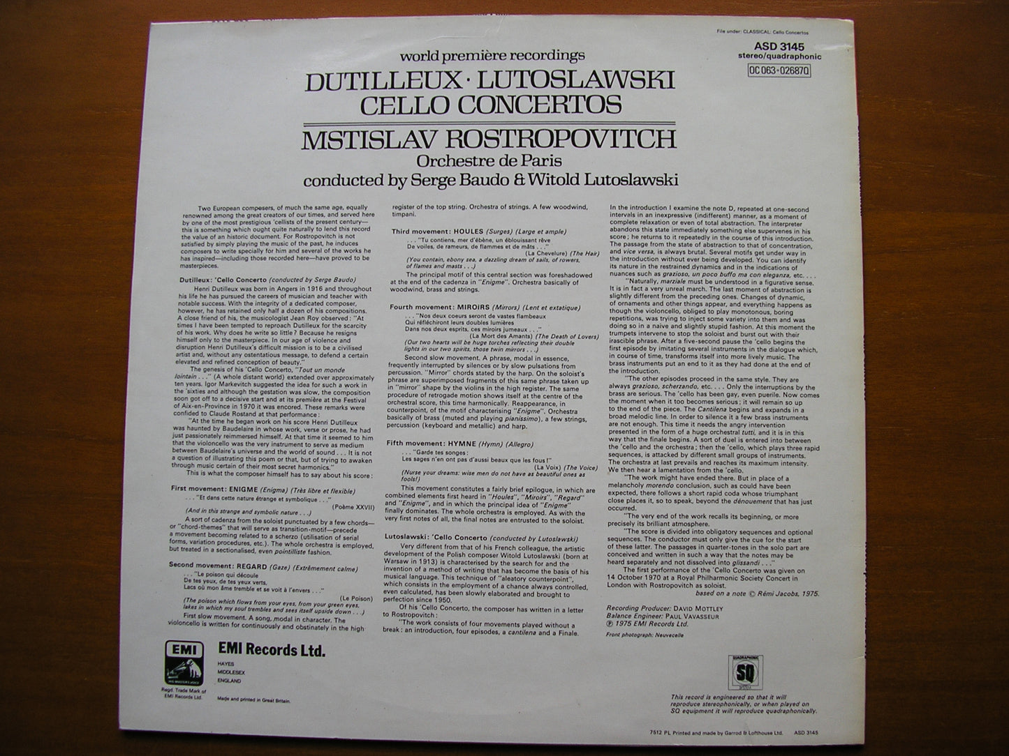 DUTILLEUX & LUTOSLAWSKI: CELLO CONCERTOS ROSTROPOVICH / ORCHESTRE DE PARIS / BAUDO ASD 3145