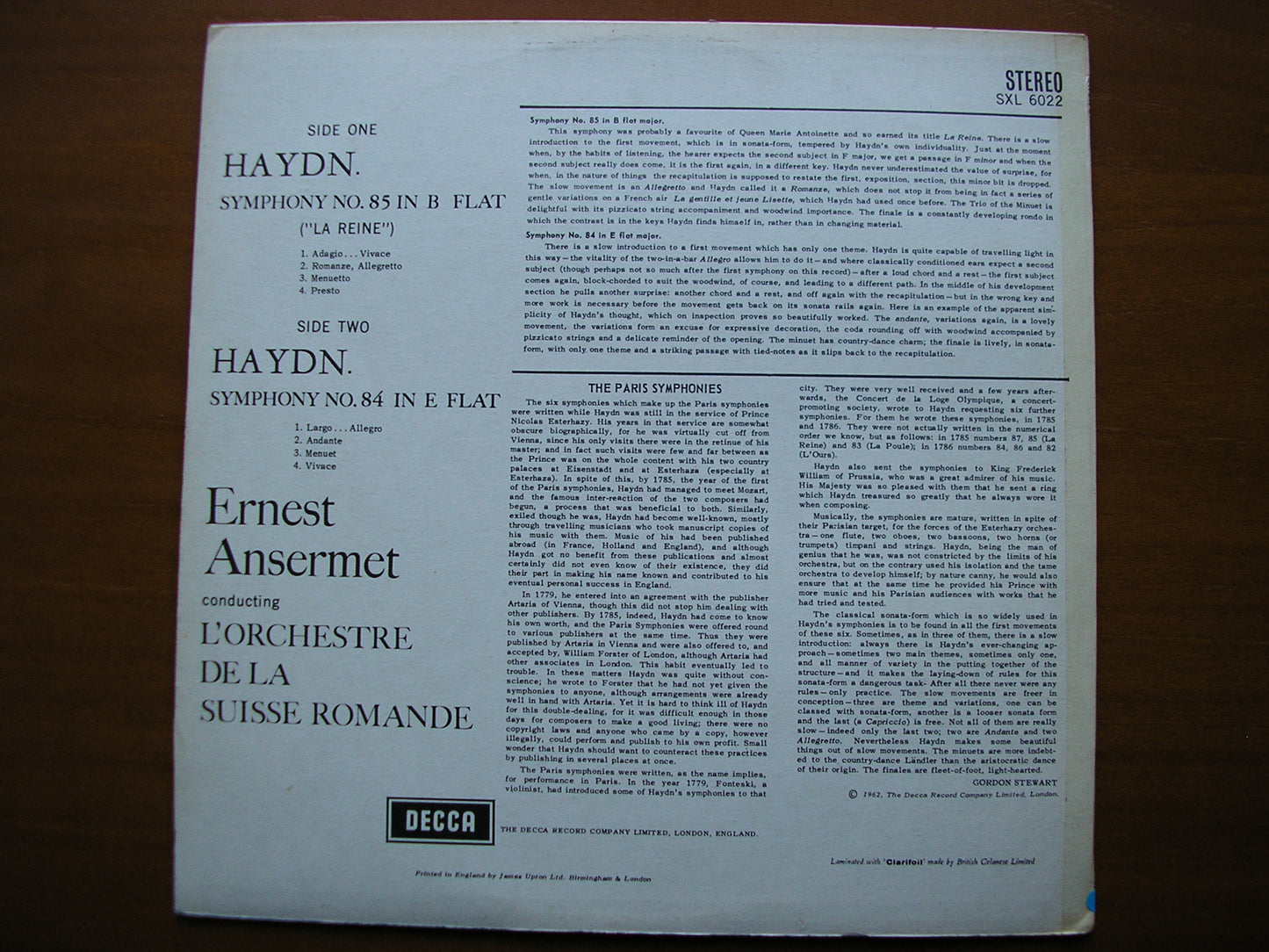 SXL 6022 HAYDN: SYMPHONIES Nos. 84 & 85 ANSERMET / SUISSE ROMANDE ED1
