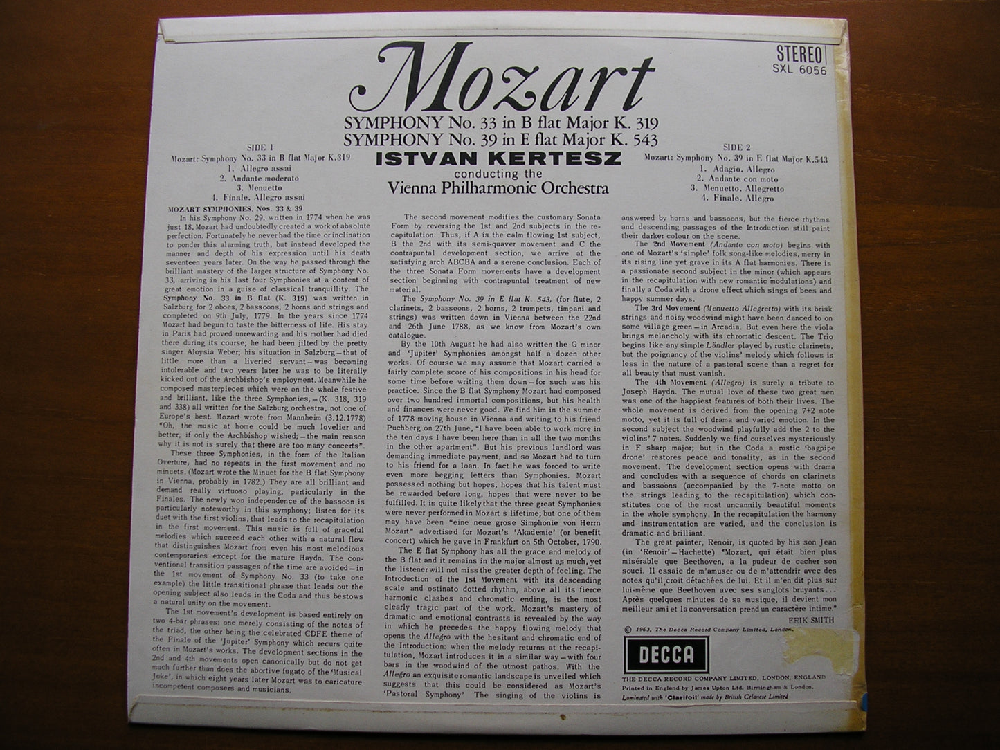 SXL 6056 MOZART: SYMPHONIES Nos. 33 & 39 KERTESZ / VIENNA PHILHARMONIC ED1