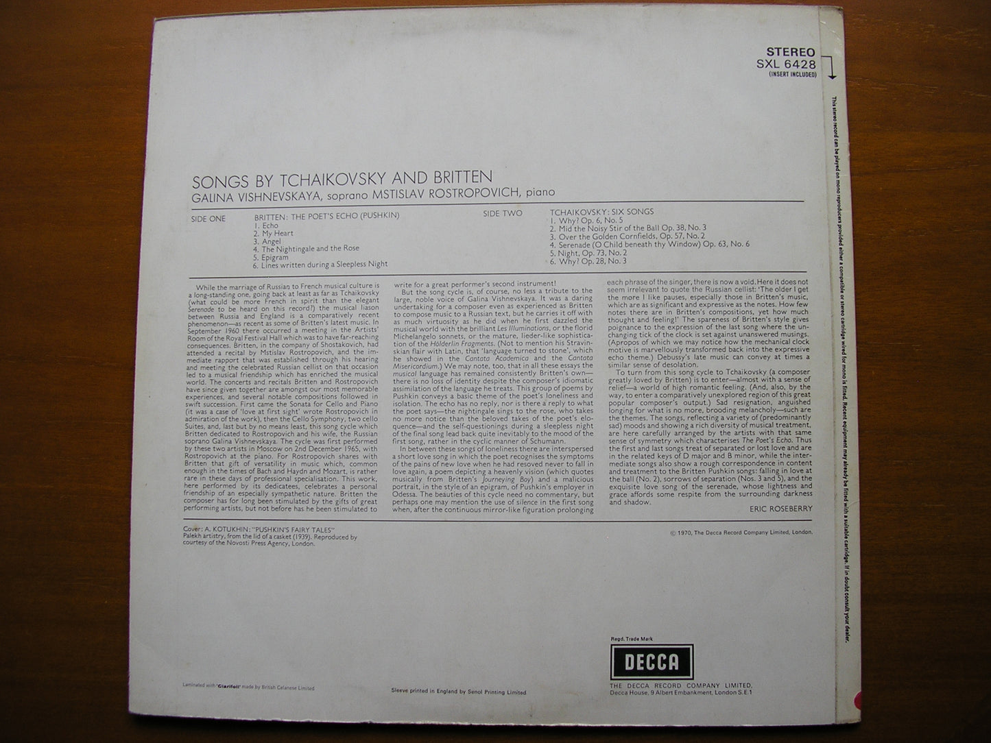 TCHAIKOVSKY: SIX SONGS / BRITTEN: THE POET'S ECHO VISHNEVSKAYA / ROSTROPOVICH SXL 6428