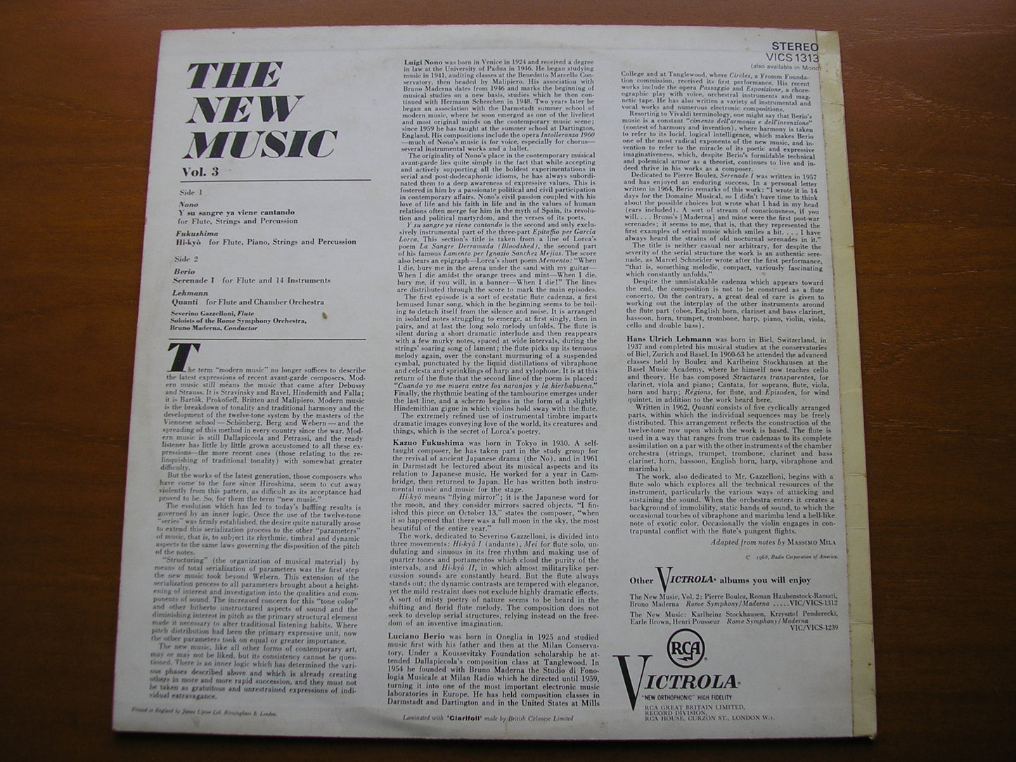THE NEW MUSIC Volume 3: NONO / FUKUSHIMA / BERIO / LEHMANN ROME SYMPHONY / MADERNA VICS 1313