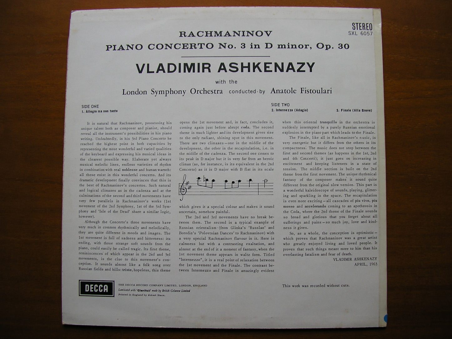 SXL 6057 RACHMANINOV: PIANO CONCERTO No. 3 ASHKENAZY / LONDON SYMPHONY / FISTOULARI ED1