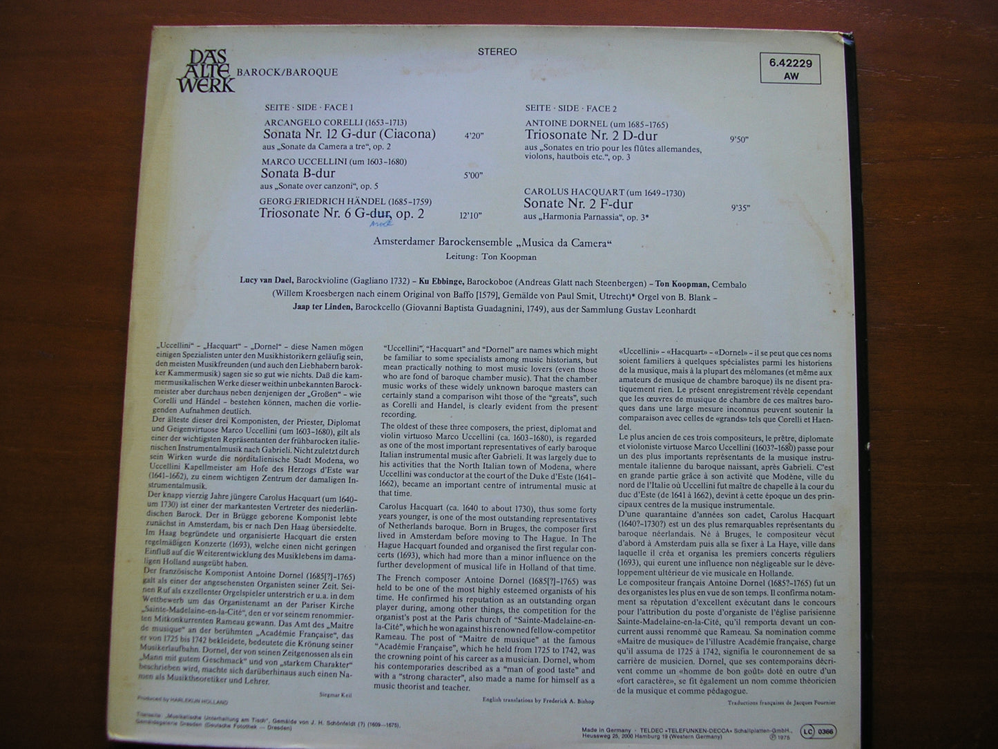 CORELLI / UCCELLINI / HANDEL / DORNEL / HACQUART: SONATAS AMSTERDAMER BAROCKENSEMBLE / KOOPMAN 6.42229