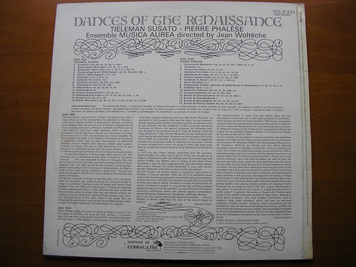 DANCES OF THE RENAISSANCE: SUSATO & PHALESE         ENSEMBLE AUREA / JEAN WOLTECHE       SOL-R 330