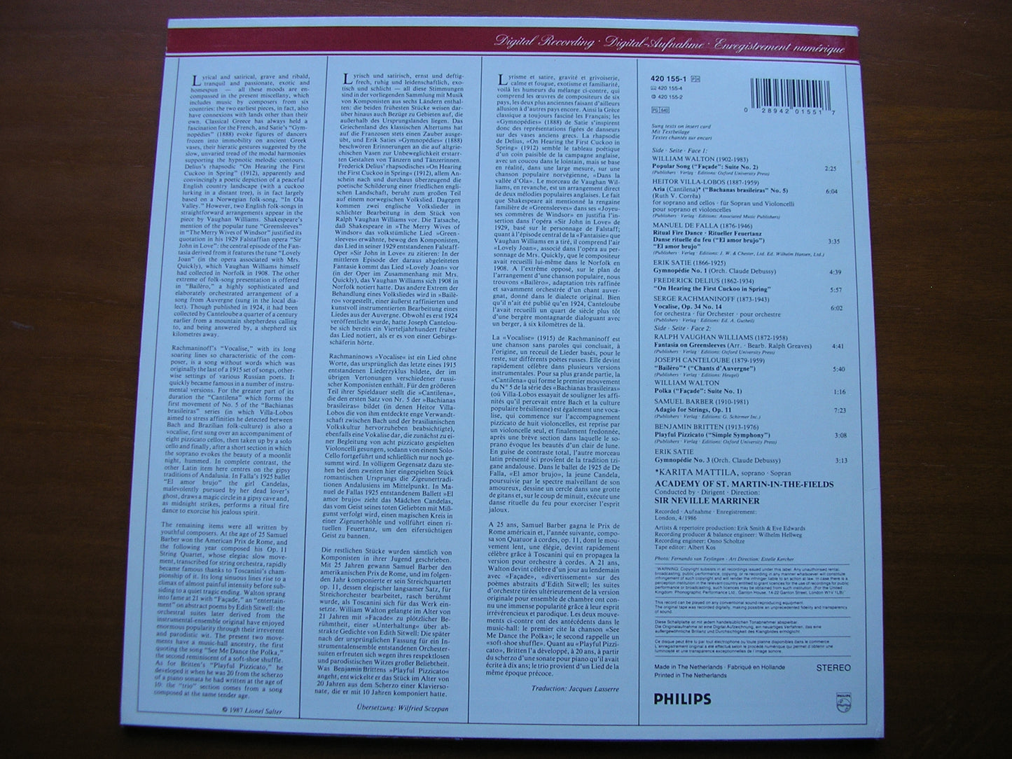 VILLA-LOBOS / WALTON / BARBER / SATIE / FALLA / RACHMANINOV    MATTILA / ASMIF / MARRINER   420 155