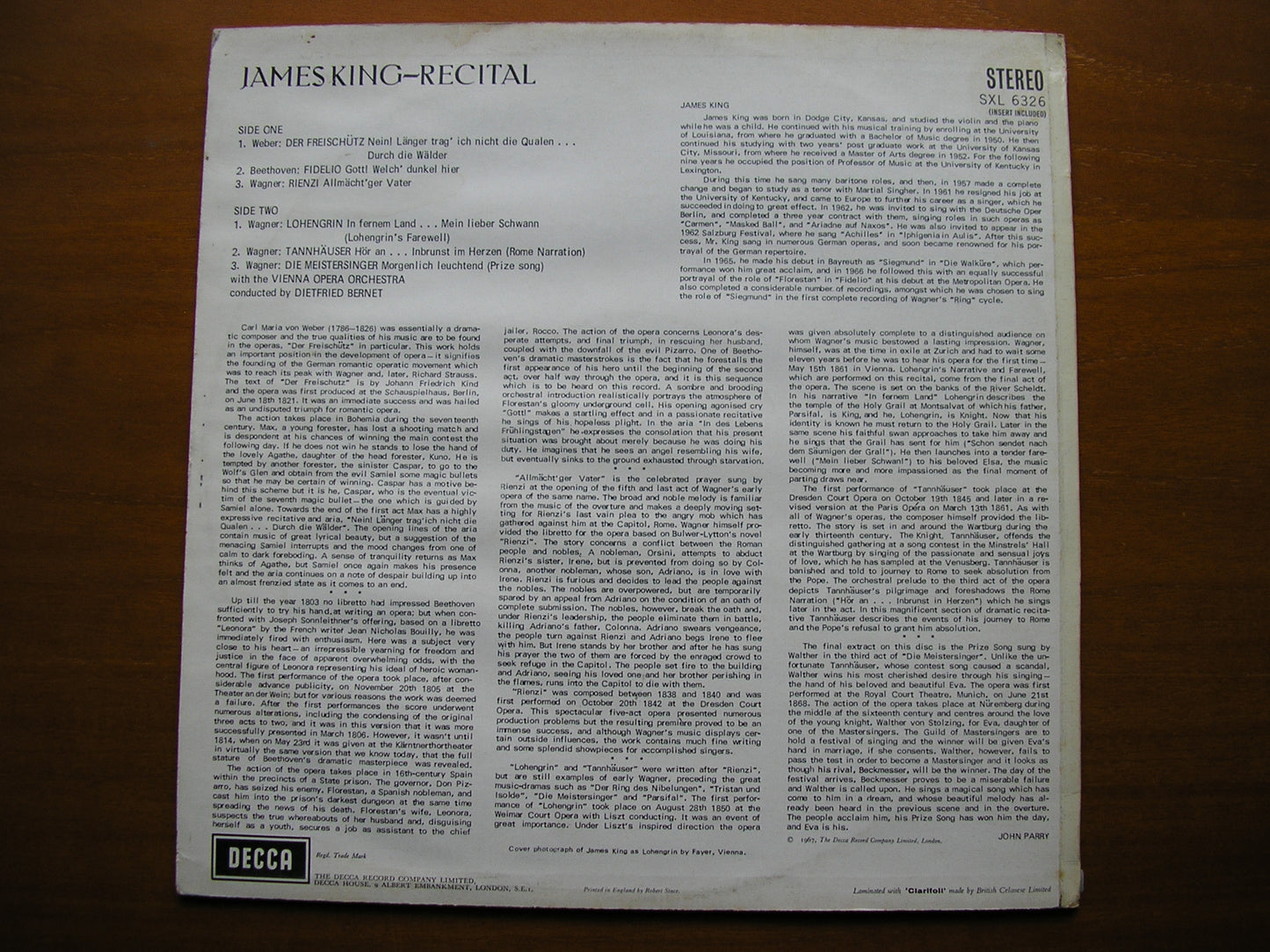 SXL 6326 OPERA ARIAS: WEBER / WAGNER / BEETHOVEN JAMES KING / VIENNA OPERA ORCHESTRA / BERNET ED2