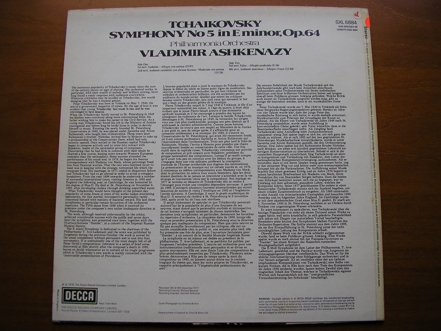 TCHAIKOVSKY: SYMPHONY No. 5 ASHKENAZY / PHILHARMONIA ORCHESTRA test pressing SXL 6884