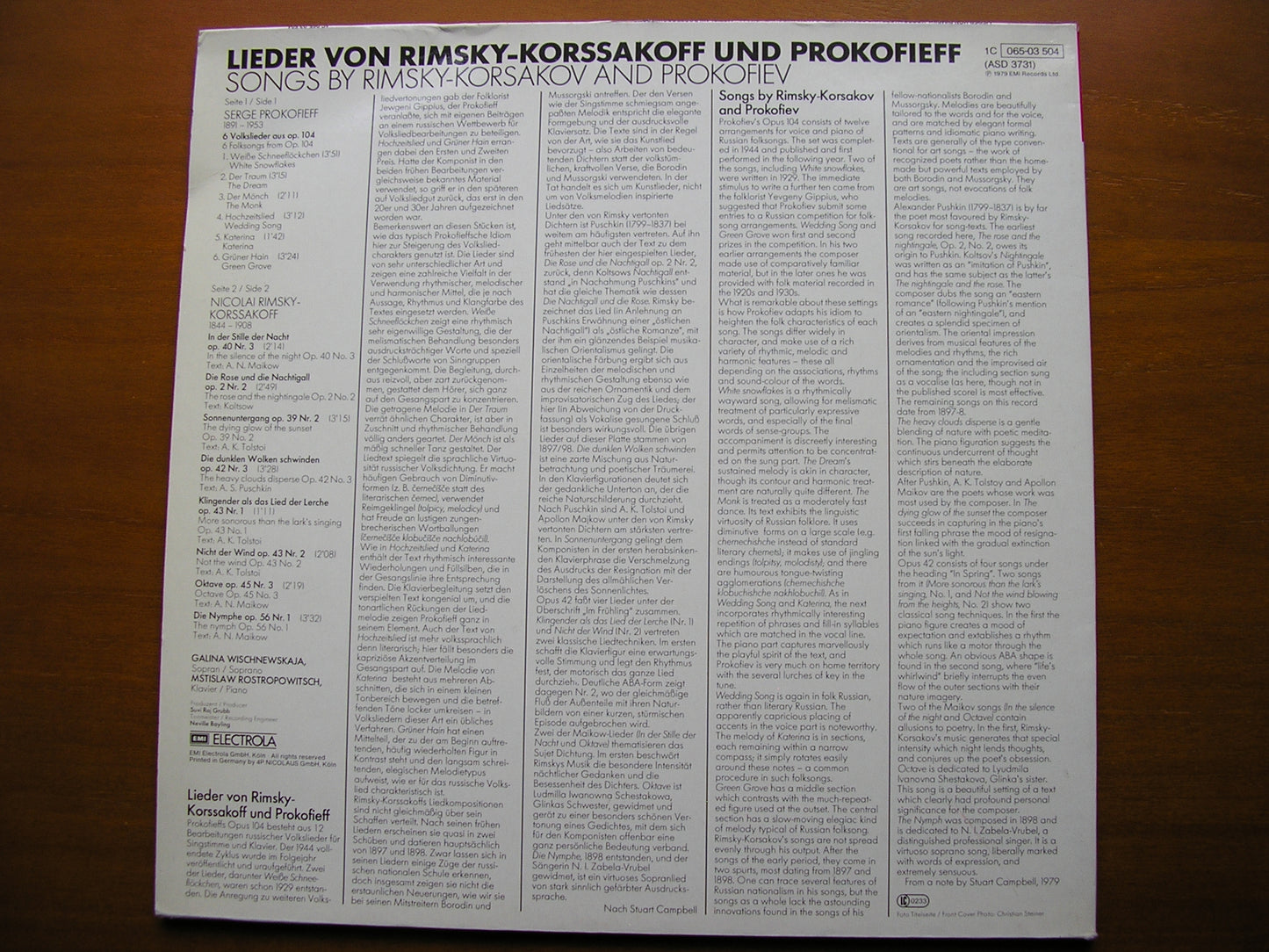 RIMSKY-KORSAKOV / PROKOFIEV: SONGS VISHNEVSKAYA / ROSTROPOVICH ASD 3731
