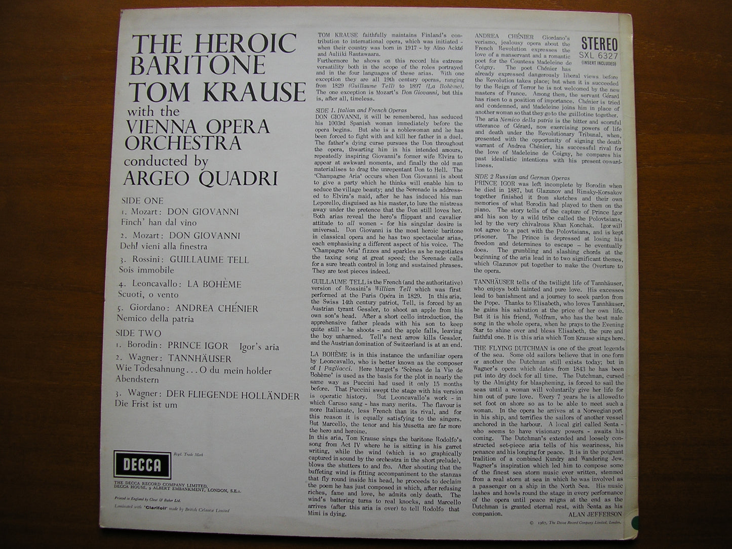 SXL 6327 THE HEROIC BARITONE: MOZART / WAGNER / ROSSINI / LEONCAVALLO / GIORDANO TOM KRAUSE / VIENNA OPERA ORCHESTRA / QUADRI ED2
