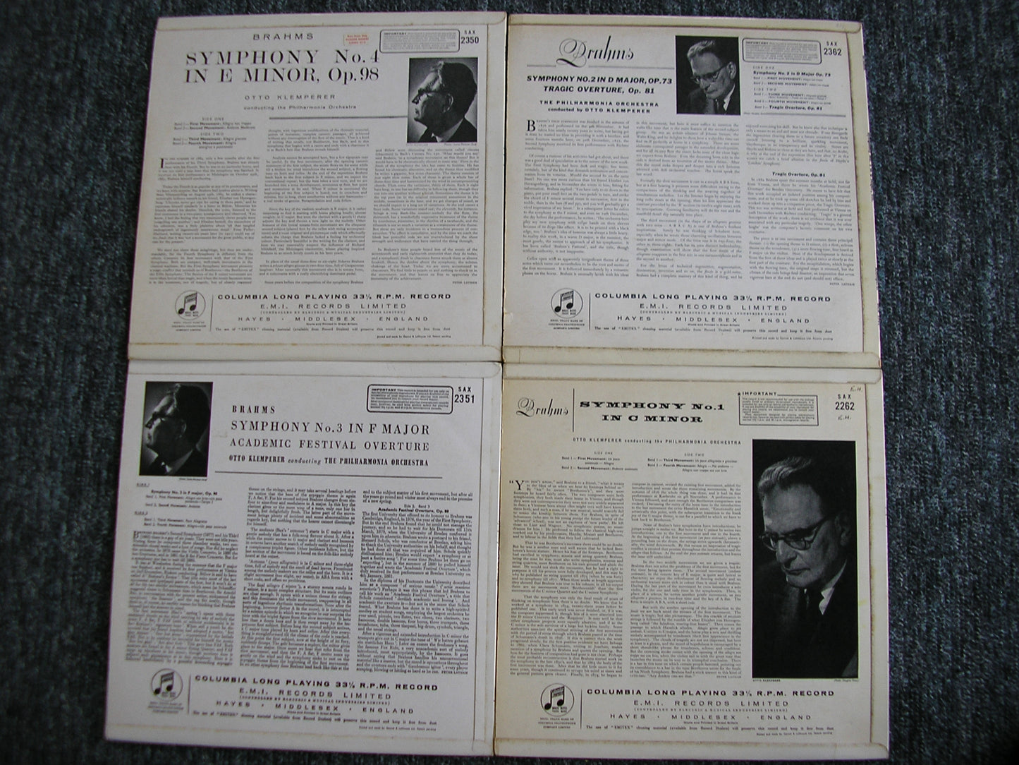 BRAHMS: THE FOUR SYMPHONIES / TWO OVERTURES 4LP SAX 2262 /2350 / 2351 / 2362