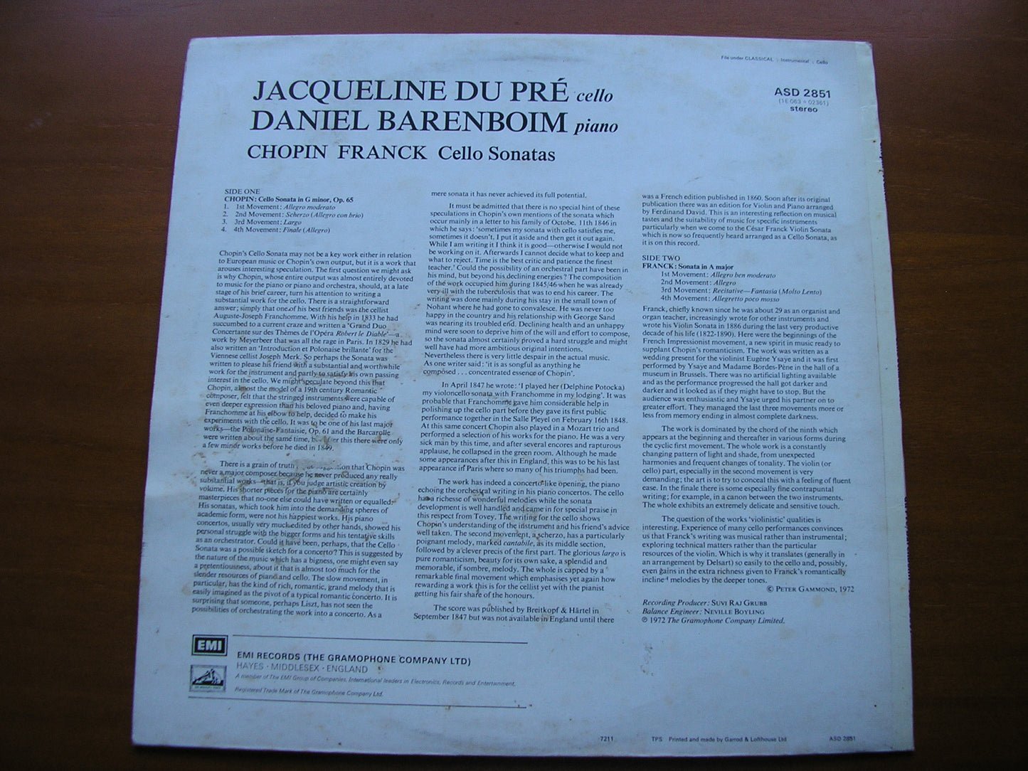 CHOPIN / FRANCK: CELLO SONATAS JACQUELINE DU PRE / DANIEL BARENBOIM ASD 2851