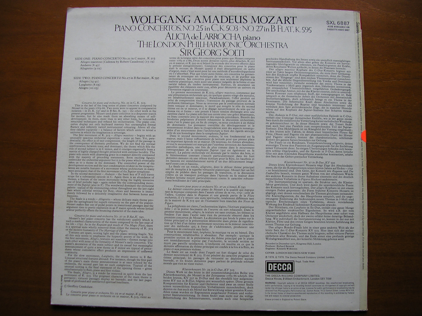 MOZART: PIANO CONCERTOS Nos. 25 & 27 DE LARROCHA / LONDON PHILHARMONIC / SOLTI test pressing SXL 6887