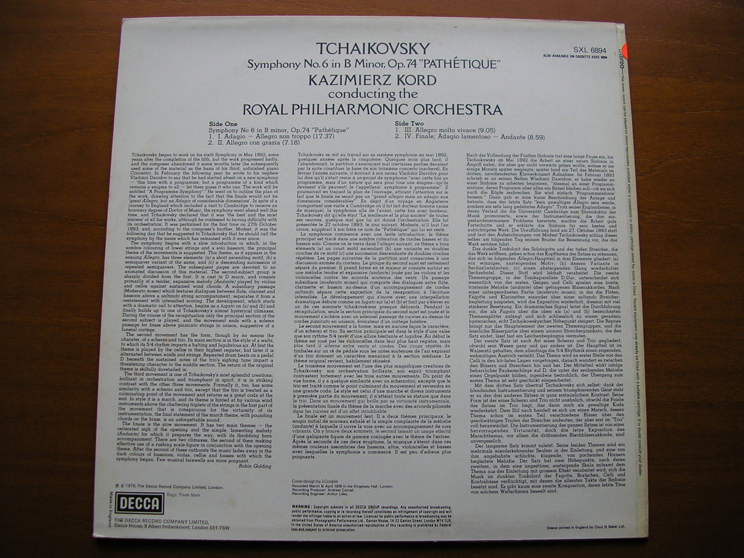 TCHAIKOVSKY: SYMPHONY No. 6 'Pathetique' KORD / ROYAL PHILHARMONIC test pressing SXL 6894
