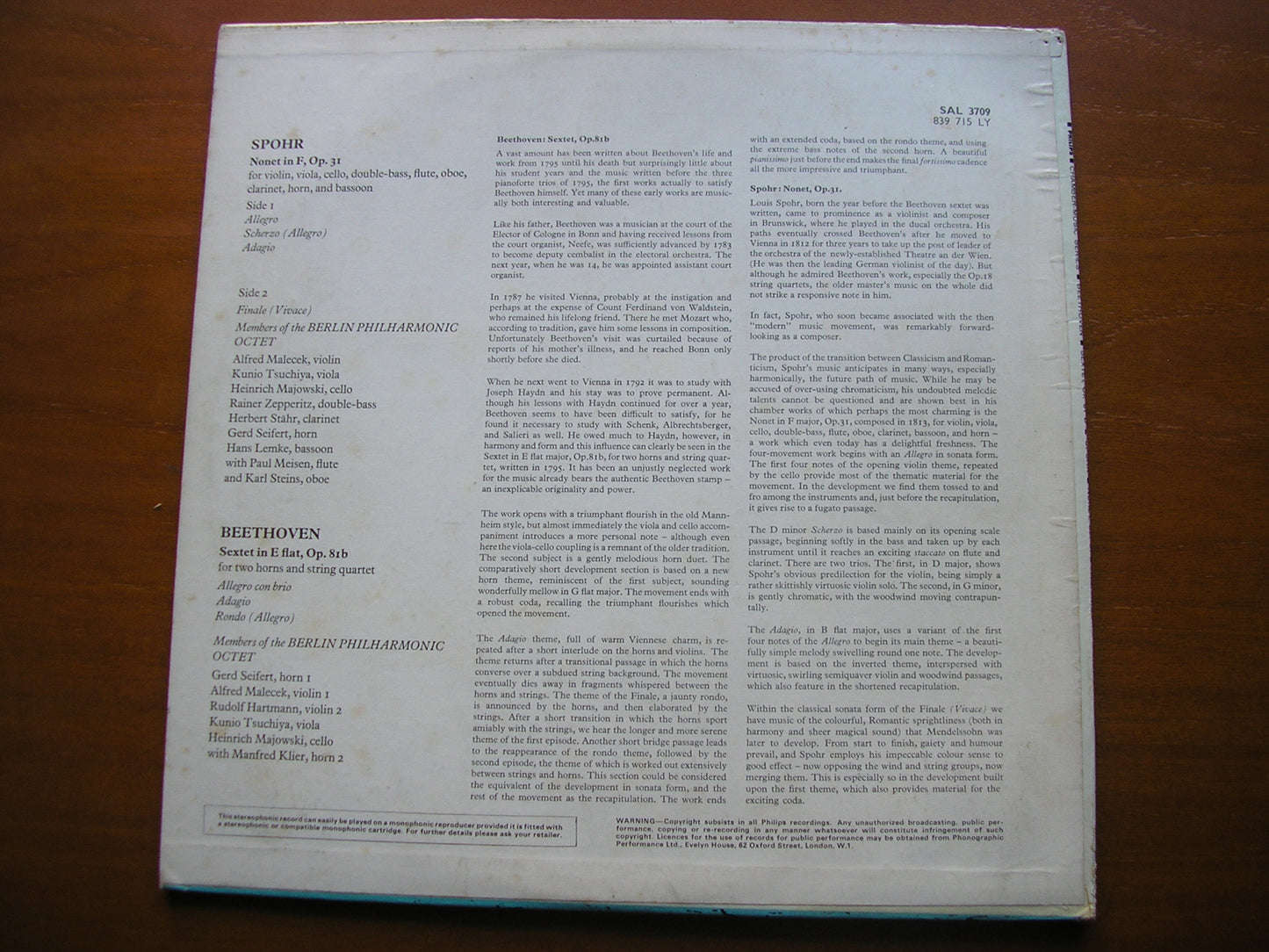 BEETHOVEN: SEXTET FOR HORNS & STRINGS / SPOHR: NONET Op. 31 BERLIN PHILHARMONIC OCTET SAL 3709