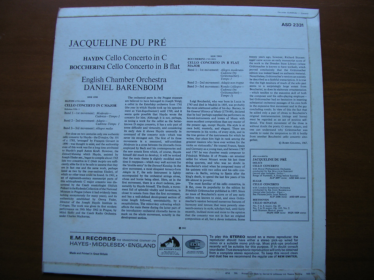 HAYDN / BOCCHERINI: CELLO CONCERTOS DU PRE / ENGLISH CHAMBER ORCHESTRA / BARENBOIM ASD 2331