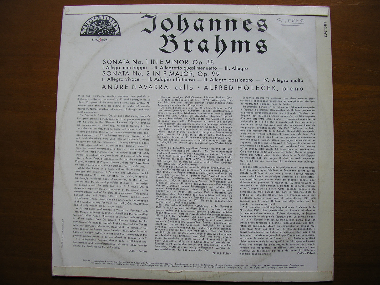 BRAHMS: CELLO SONATAS Nos. 1 & 2 ANDRE NAVARRA / ALFRED HOLECEK SUA ST 50375