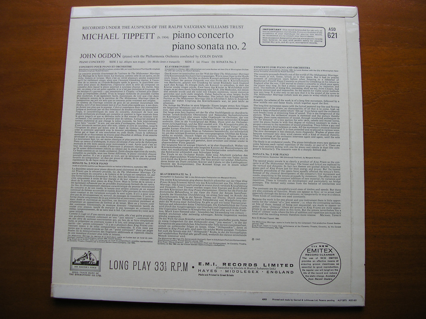 TIPPETT: PIANO CONCERTO / PIANO SONATA No. 2 OGDON / PHILHARMONIA / DAVIS ASD 621
