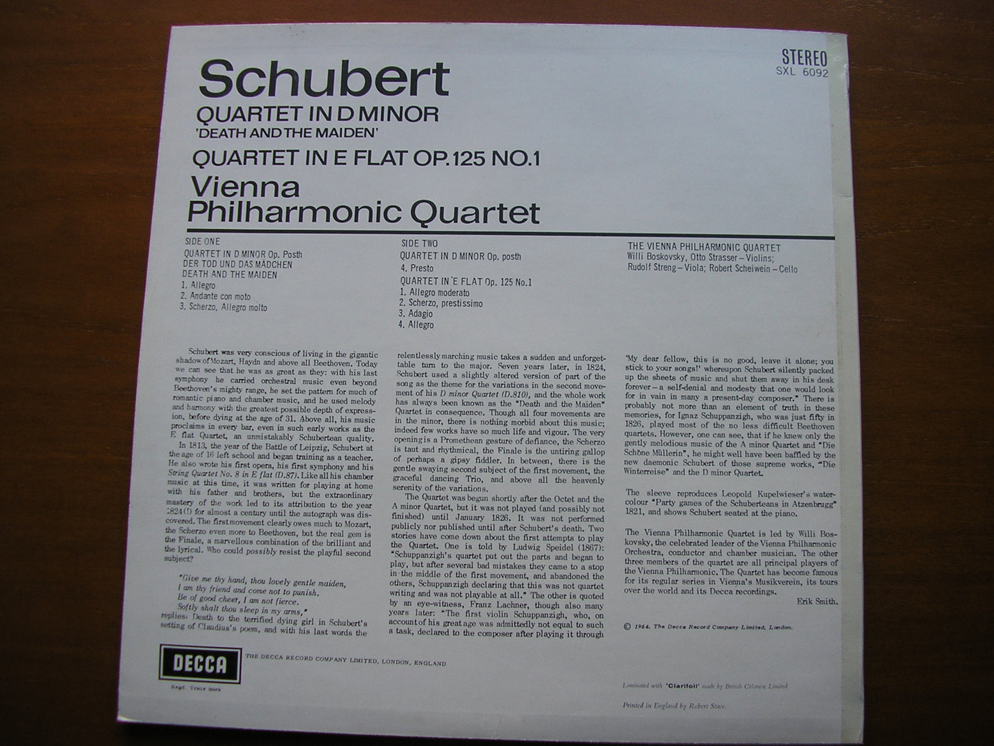 SCHUBERT: STRING QUARTET in D 'Death & the Maiden' / QUARTET in E VIENNA PHILHARMONIC QUARTET SXL 6092