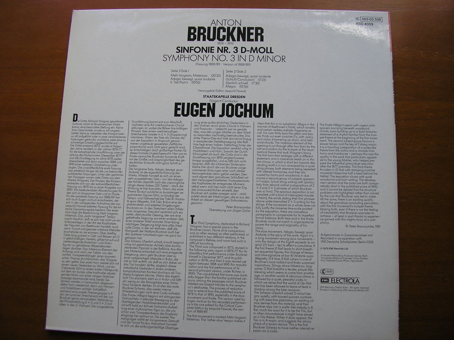 BRUCKNER: SYMPHONY No. 3      JOCHUM / DRESDEN STATE ORCHESTRA     ASD 4009