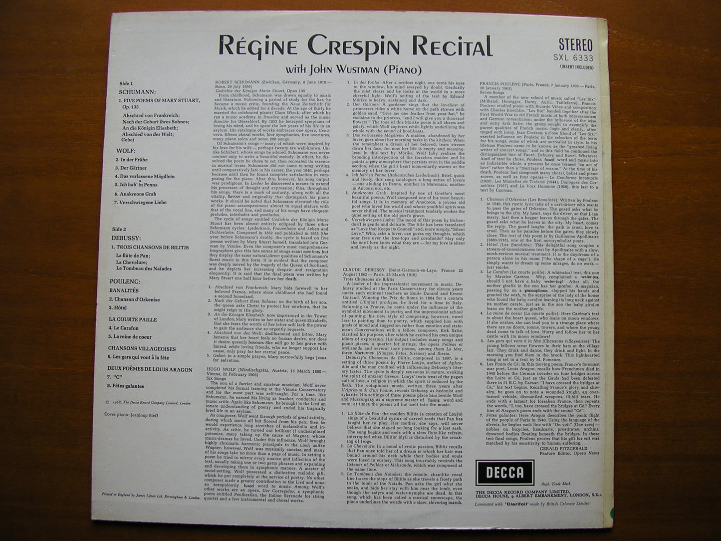 SXL 6333 SCHUMANN / WOLF / DEBUSSY / POULENC: SONGS REGINE CRESPIN / JOHN WUSTMAN ED2