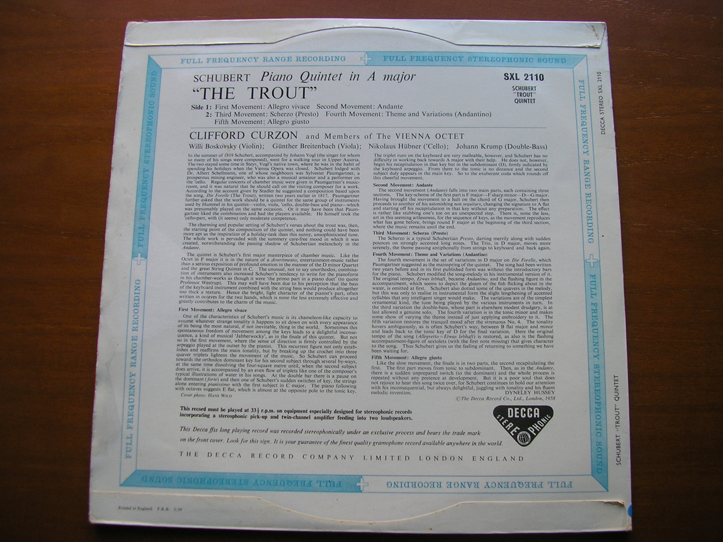SCHUBERT: PIANO QUINTET in A 'The Trout' CURZON / MEMBERS of THE VIENNA OCTET SXL 2110