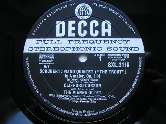 SCHUBERT: PIANO QUINTET in A 'The Trout'    CURZON / MEMBERS of THE VIENNA OCTET    SXL 2110