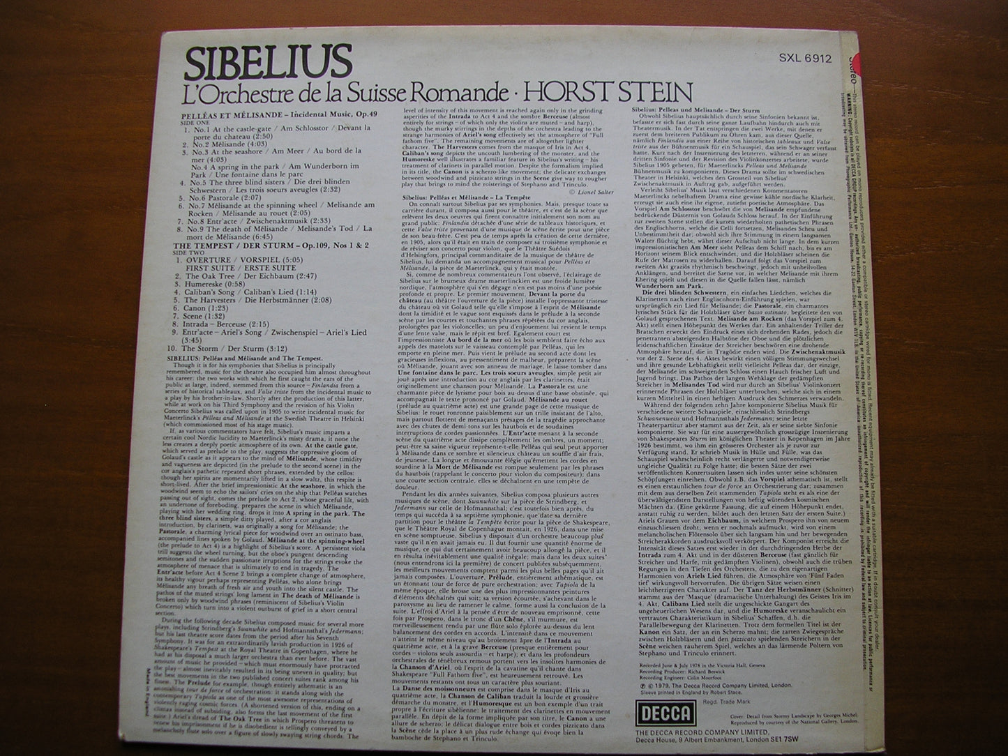 SIBELIUS: PELLEAS & MELISANDE / THE TEMPEST STEIN / VIENNA PHILHARMONIC test pressing SXL 6912