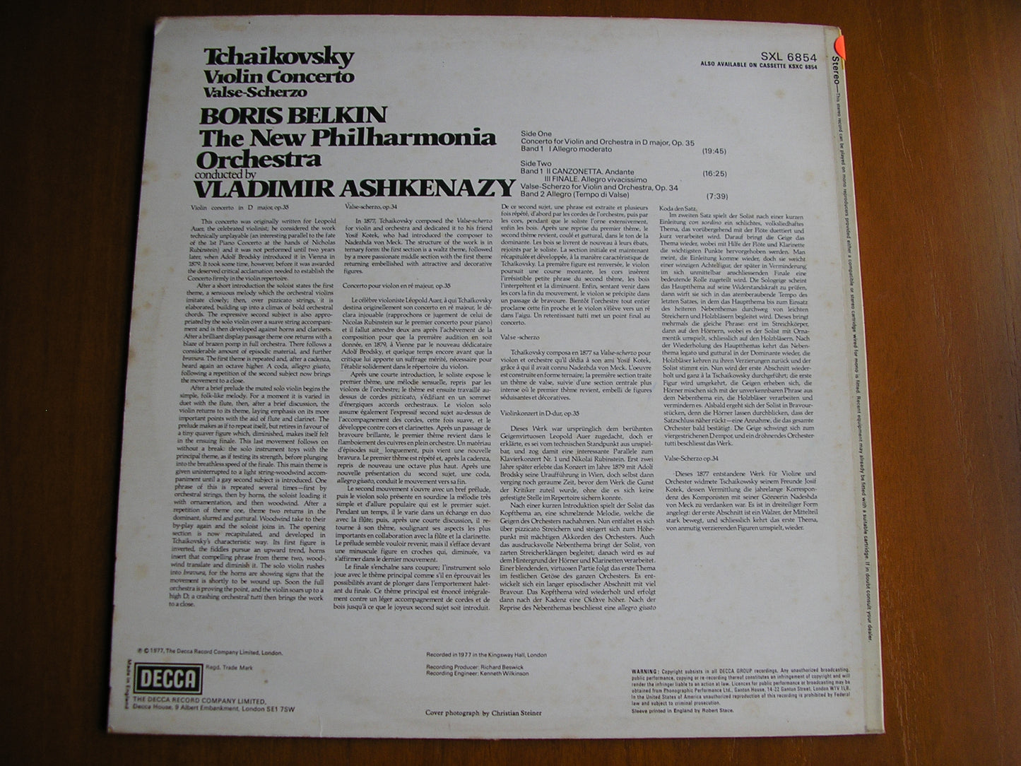 TCHAIKOVSKY: VIOLIN CONCERTO / VALSE SCHERZO BELKIN / NEW PHILHARMONIA / ASHKENAZY test pressing SXL 6854