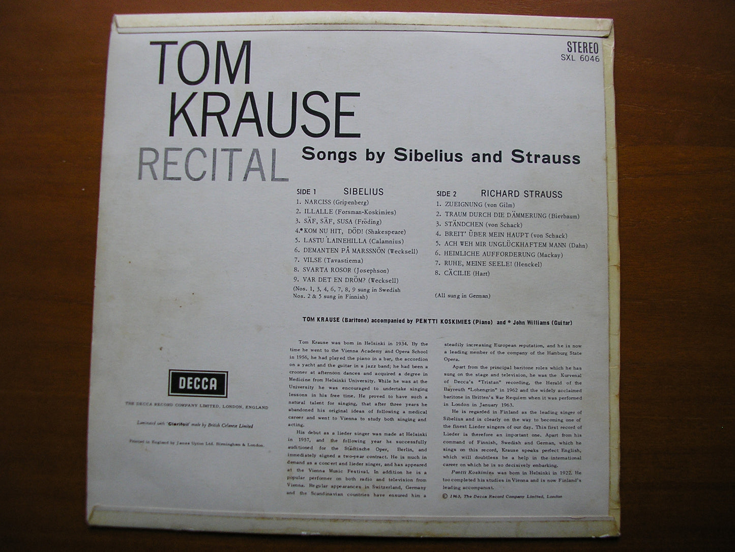SXL 6046 SIBELIUS / RICHARD STRAUSS: SONGS TOM KRAUSE / PENTTI KOSKIMIES /JOHN WILLIAMS ED1