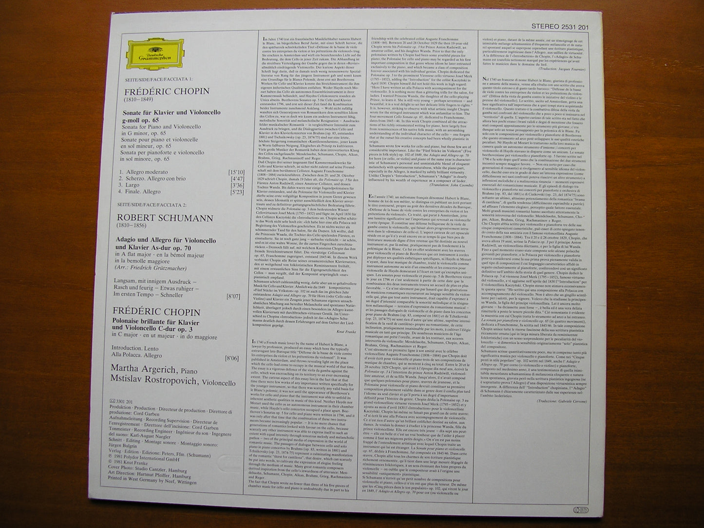 CHOPIN: SONATA Op. 65 / SCHUMANN: ADAGIO & ALLEGRO Op. 70 ROSTROPOVICH / ARGERICH 2531 201