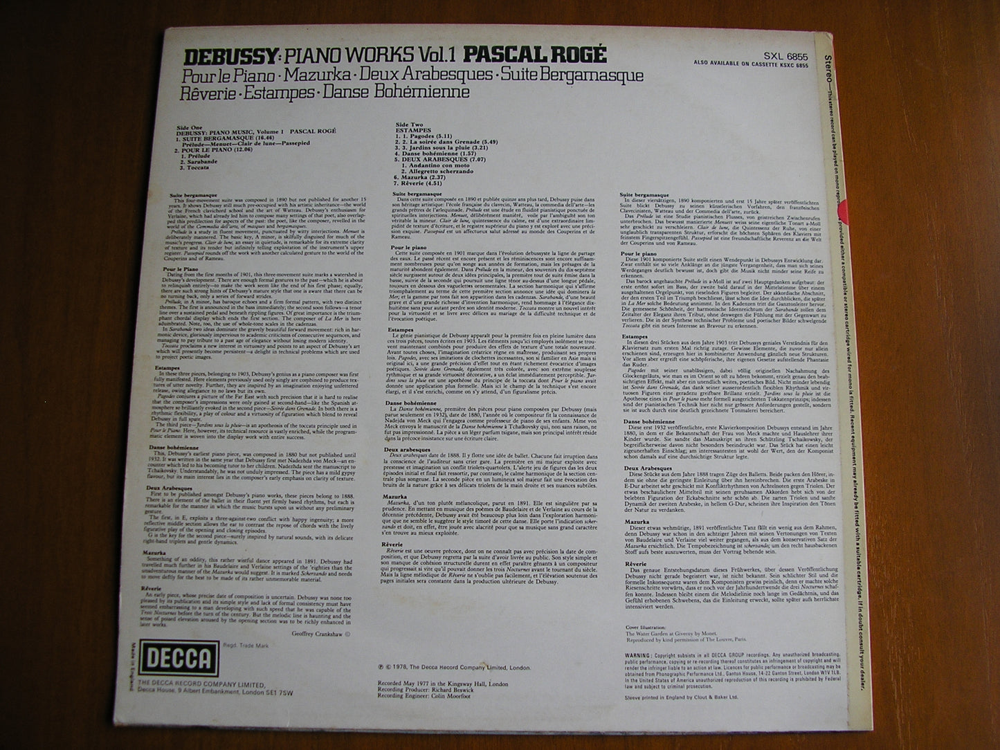 DEBUSSY: PIANO WORKS Volume 1 PASCAL ROGE test pressing SXL 6855