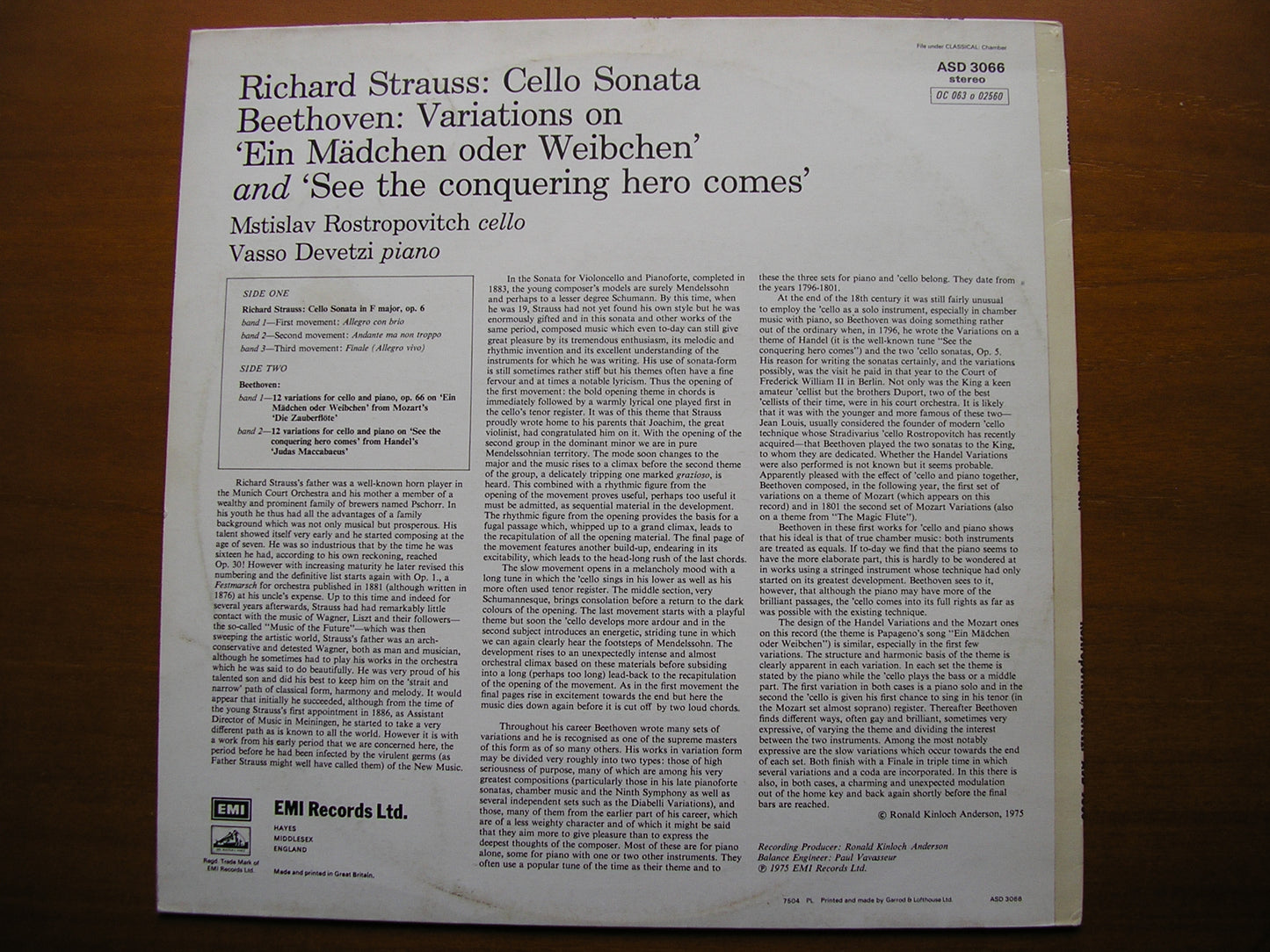 STRAUSS: CELLO SONATA / BEETHOVEN: VARIATIONS ROSTROPOVICH / DEVETZI ASD 3066