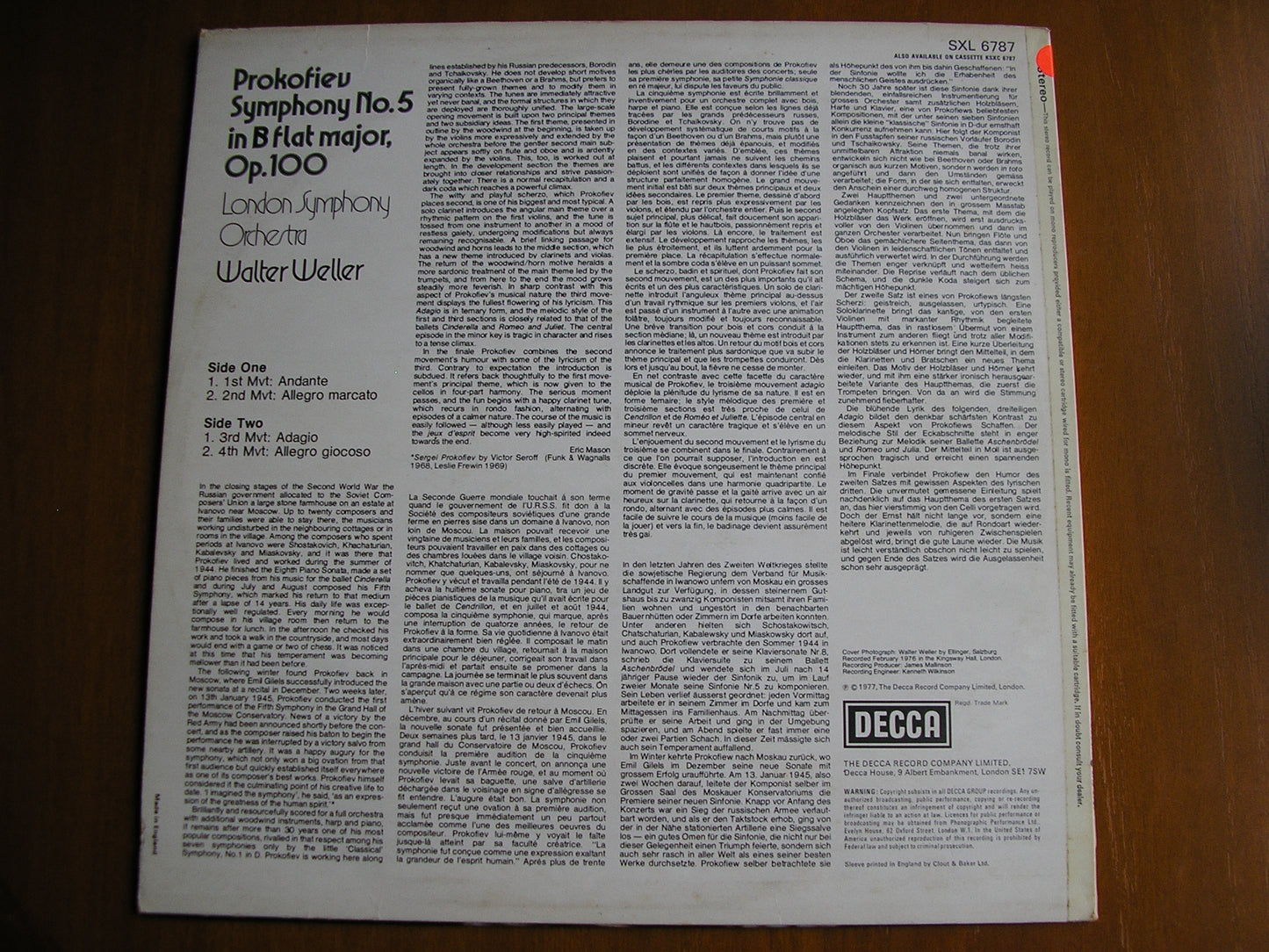 PROKOFIEV: SYMPHONY No. 5 WELLER / LONDON SYMPHONY test pressing SXL 6787