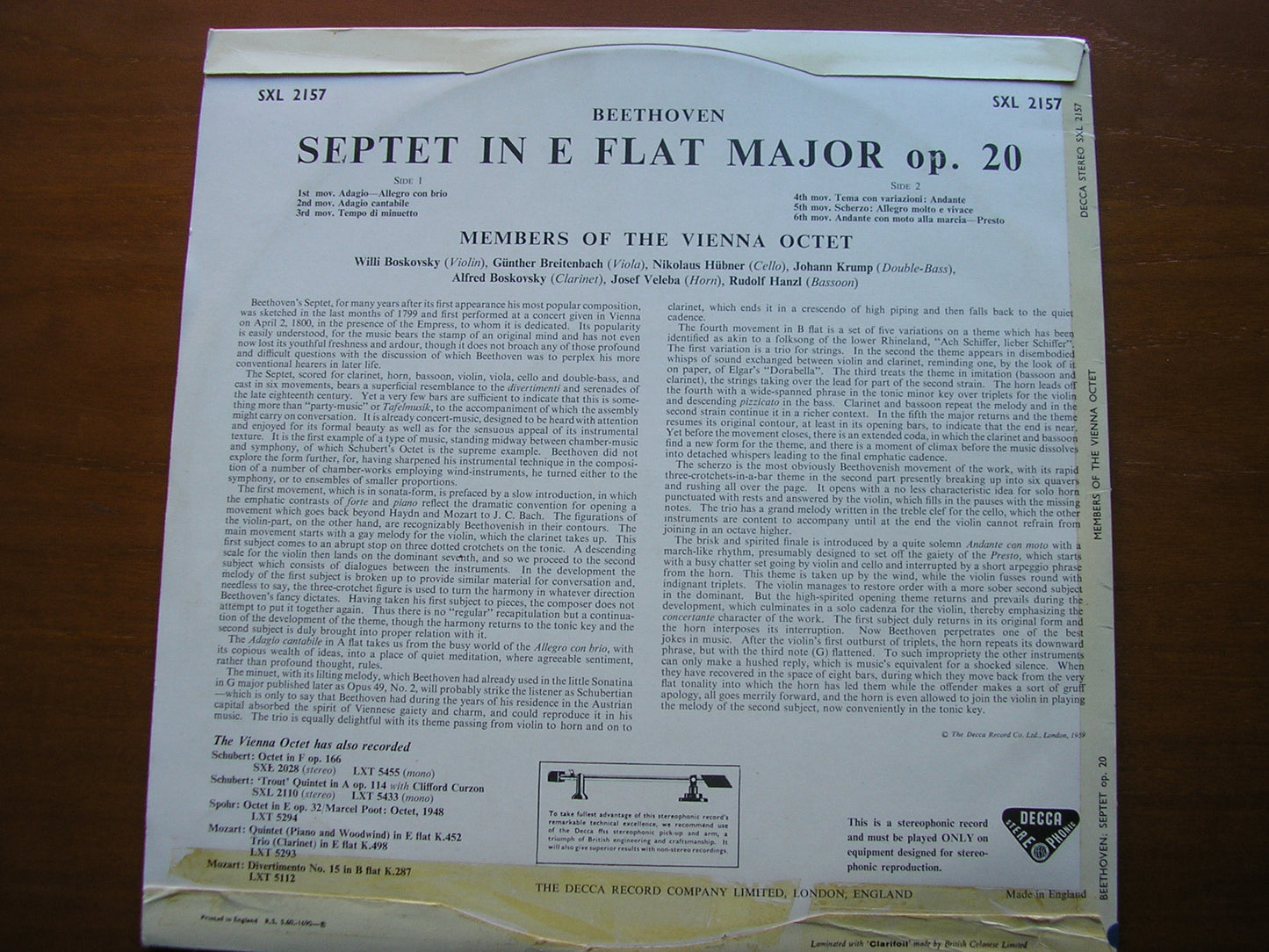 BEETHOVEN: SEPTET IN E / MEMBERS OF THE VIENNA OCTET SXL 2157